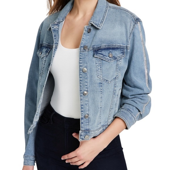 GUESS Women's XL Rhinestone Arm Detail Stretch Blue Denim Jean Jacket - Picture 1 of 11